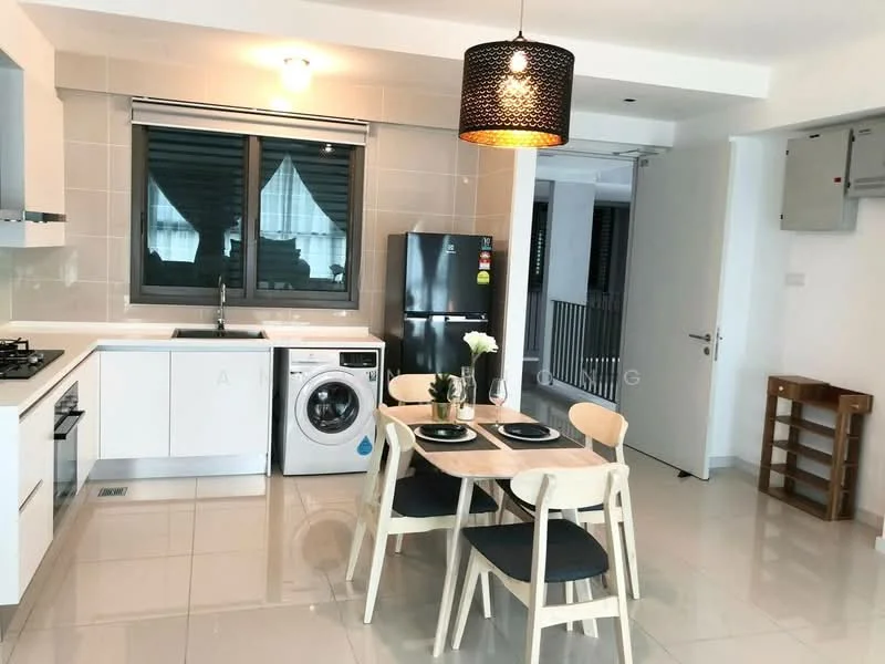 Kitchen features: white cabinetry, black countertop, stainless-steel gas hob, built-in oven, stainless-steel fridge, front-load washing machine, single-bowl stainless-steel sink, chrome pull-down faucet, ceramic tile flooring, recessed downlights, window with black frames, dining table with 4 chairs; style: modern.