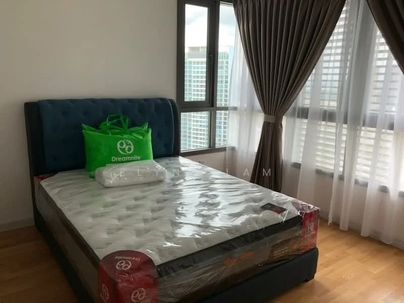 Bedroom features: king-size bed with upholstered headboard, mattress with protective cover, white bedding, 2 bedside pillows, green tote bag on bed, floor-to-ceiling windows, sheer curtains, dark grey curtains, wooden flooring, decorative wall, city view; style: modern; view: city.