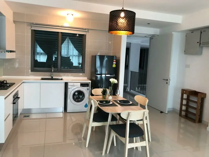 Kitchen features: white cabinetry, black countertop, stainless-steel gas hob, built-in oven, stainless-steel fridge, front-load washing machine, single-bowl stainless-steel sink, chrome pull-down faucet, pendant light, recessed downlights, ceramic tile flooring, dining table with 4 chairs; style: modern.