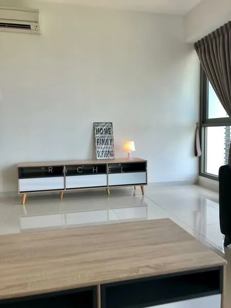 Living features: white painted walls, glossy tile flooring, floor-to-ceiling windows, curtains, light wood coffee table, black armchair, sideboard with drawers, table lamp, decorative wall art, wall-mounted split AC; style: modern.