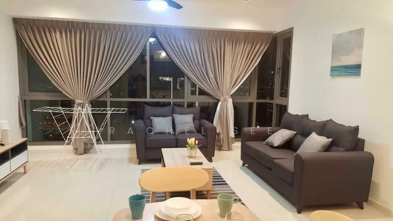 Living features: 2-seater fabric sofa in dark grey, 3-seater fabric sofa in dark grey, coffee table, area rug with geometric pattern, floor-to-ceiling windows, sheer curtains, ceiling fan, decorative wall art, dining table with chairs, clothes drying rack; style: modern; view: city.