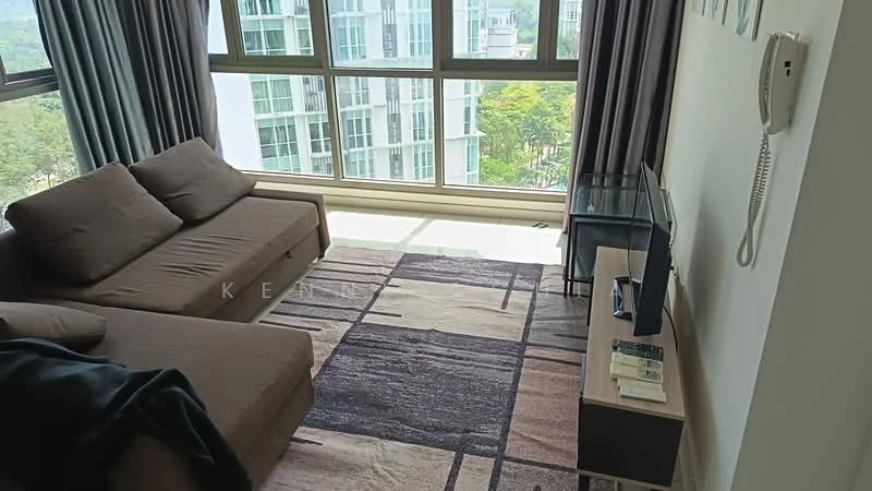 Living features: L-shape sectional sofa in brown, area rug with geometric pattern, TV console, wall-mounted TV, floor-to-ceiling windows, curtains, wooden flooring, decorative wall art; style: modern; view: city.