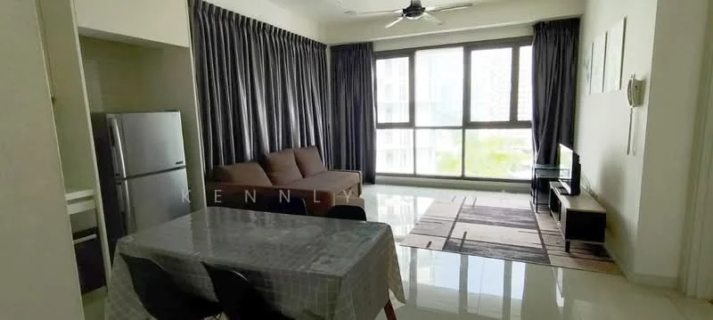 Living features: 3-seater fabric sofa in brown, coffee table, wall-mounted TV, TV console, area rug with geometric pattern, floor-to-ceiling windows, grey curtains, ceiling fan, polished tile flooring, decorative wall art; style: modern; view: city. Dining features: 4-seater dining table with checkered tablecloth, black dining chairs; style: modern. Kitchen features: stainless-steel fridge, open kitchen layout, white cabinetry, countertop with bar seating; style: modern.