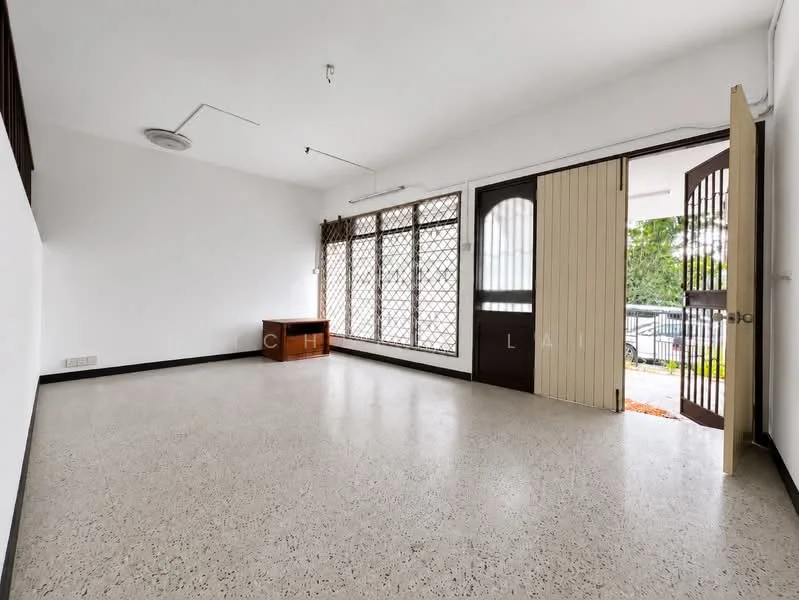 Room features: white painted walls, terrazzo flooring, ceiling fan, floor-to-ceiling windows, double doors, security grille, natural light from windows, open layout; style: minimalist; view: garden.