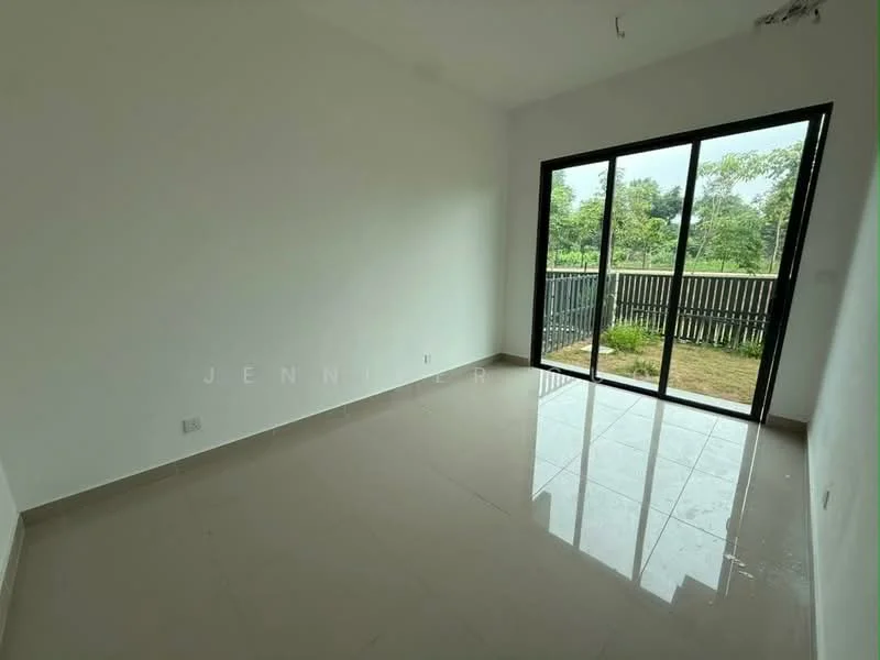 Room features: white painted walls, glossy ceramic tile flooring, floor-to-ceiling windows, sliding glass door, view of garden, natural light from windows, minimalist decor; style: modern; view: garden.