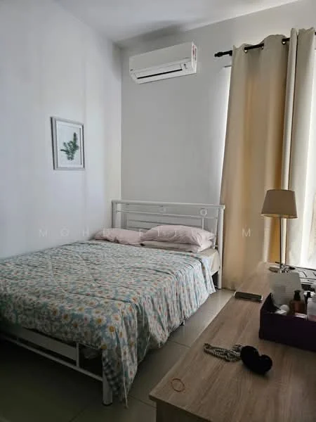 Bedroom features: queen-size bed with floral bedding, white metal bed frame, light wood bedside table, table lamp on bedside table, wall-mounted air conditioning unit, cream curtains, framed artwork on wall, tile flooring; style: modern.