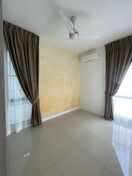 Room features: cream painted walls, accent wall with textured finish, floor-to-ceiling windows, sheer curtains, dark brown curtains, glossy tile flooring, 1 wall-mounted split AC, ceiling fan; style: modern.