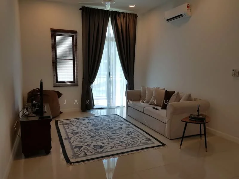 Living features: cream painted walls, glossy tile flooring, 5-blade ceiling fan with light, floor-to-ceiling windows, sheer curtains, sofa in light beige, decorative throw pillows, coffee table, area rug with floral pattern, wall-mounted TV, wall-mounted air conditioning unit, wooden side table; style: modern.