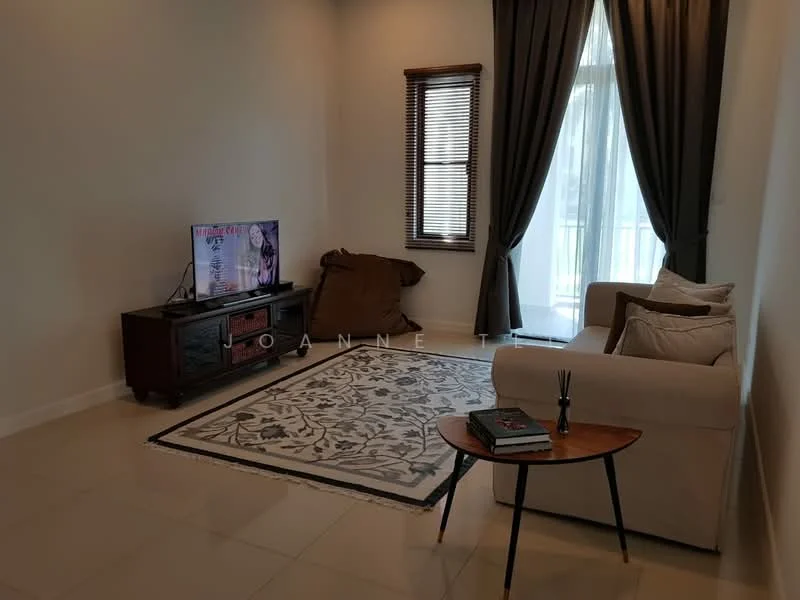 Living features: beige fabric sofa, wooden coffee table, TV console, wall-mounted TV, area rug with floral pattern, floor-to-ceiling windows, sheer curtains, dark brown wooden blinds, decorative wall art, light-colored walls, tile flooring; style: modern.