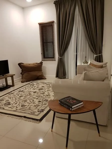 Living features: cream painted walls, white ceiling, recessed downlights, floor-to-ceiling windows, sheer curtains, dark brown wooden blinds, 3-seater fabric sofa in cream, decorative throw pillows, round coffee table with wooden top and black legs, area rug with floral pattern, flat-screen TV on wooden stand, decorative items on table; style: modern.