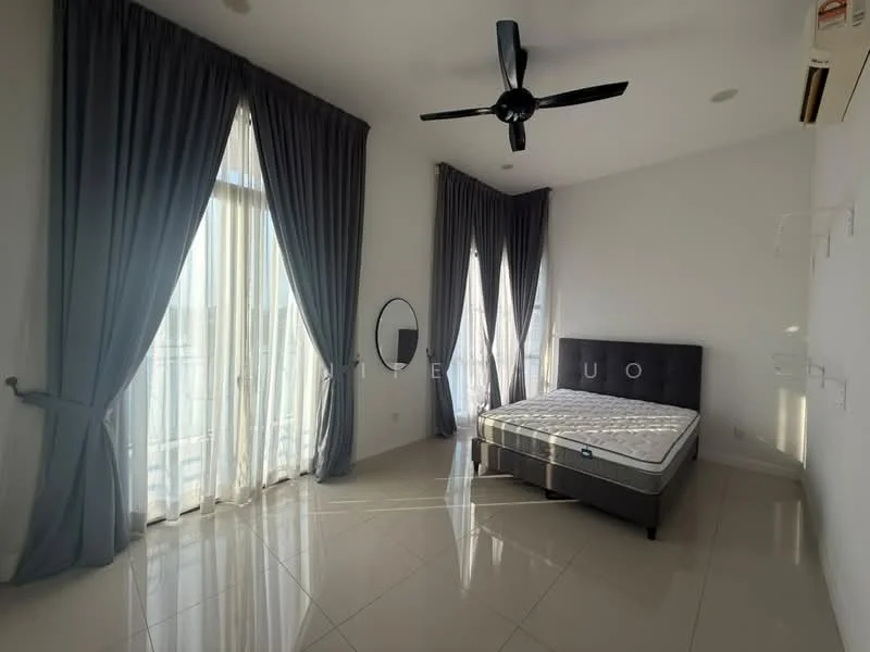 Bedroom features: king-size bed, upholstered headboard, floor-to-ceiling windows, sheer curtains, blackout curtains, 5-blade ceiling fan, wall-mounted mirror, white painted walls, glossy tile flooring, air conditioning unit; style: modern; view: city.