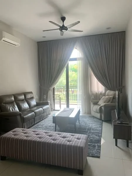Living features: 3-seater leather sofa in brown, armchair in cream, coffee table, TV console, wall-mounted TV, area rug with geometric pattern, 5-blade ceiling fan with light, floor-to-ceiling windows, sheer curtains, balcony view, white painted walls, tile flooring; style: modern; view: garden.