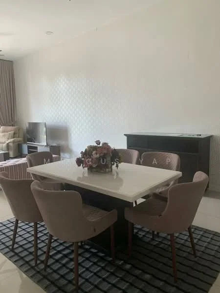 Dining features: 6-seater dining table with marble top, upholstered dining chairs in light pink, decorative floral centerpiece, grey area rug with geometric pattern, wall-mounted TV, cream painted walls, large windows with sheer curtains, sideboard cabinet in dark wood; style: modern.