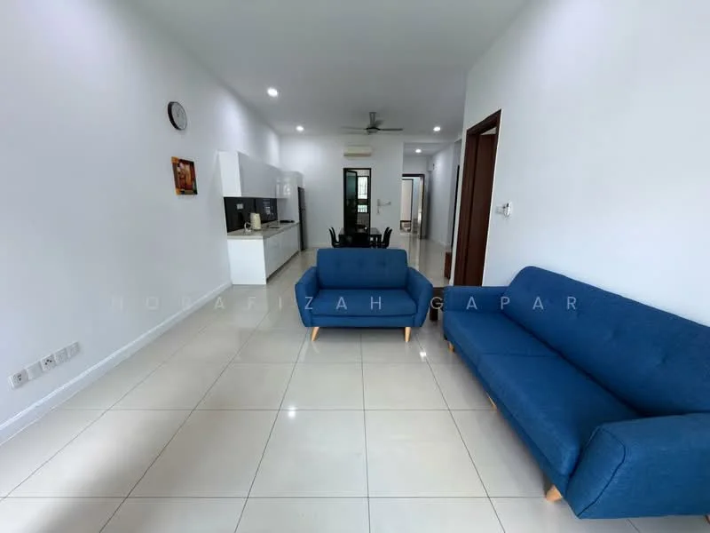 Living features: two blue fabric sofas, white walls, glossy white tile flooring, ceiling fan, recessed downlights, open layout, wall-mounted artwork, large window, kitchen area visible in background; style: modern.