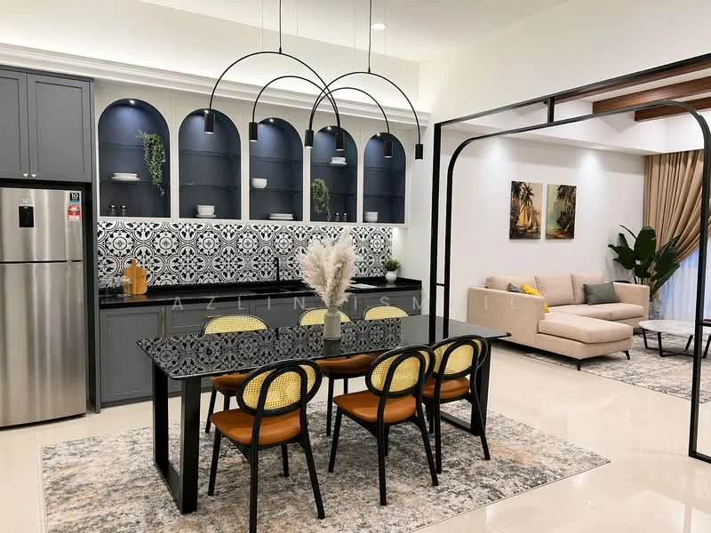 Dining features: black dining table, 6 dining chairs with rattan seats, black cabinetry, white patterned backsplash, open shelving with decorative plants, stainless-steel fridge, pendant lighting, area rug with geometric pattern, cream walls, recessed lighting, large windows with sheer curtains; style: modern. Living features: beige fabric sofa, decorative cushions, coffee table, artwork on walls, indoor plants, curtains, light-colored flooring; style: modern.