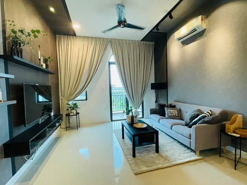 Living features: grey fabric sofa, black coffee table, area rug, wall-mounted TV, floating shelf, decorative plants, 5-blade ceiling fan, floor-to-ceiling windows, sheer curtains, air conditioning unit, wall with textured finish, light-colored tiled flooring; style: modern; view: city.
