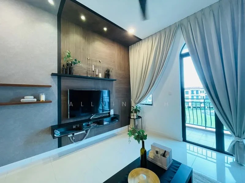 Living features: grey accent wall, wood feature wall, black TV console, wall-mounted TV, floor-to-ceiling windows, curtains, white tiled flooring, decorative plants, coffee table, decorative bowl; style: modern; view: garden.
