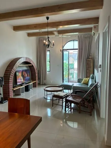 Living features: exposed wooden beams on ceiling, chandelier light fixture, floor-to-ceiling windows, curtains, brick archway, wall-mounted TV, light-colored sofa, coffee table, rattan chairs, glossy tile flooring, decorative wall art; style: modern; view: garden.