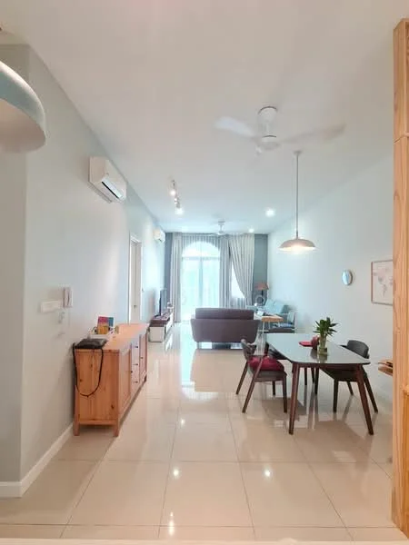 Living features: light grey painted walls, white ceiling, 5-blade ceiling fan with light, recessed downlights, large floor-to-ceiling windows with sheer curtains, light-coloured sofa, wooden coffee table, dining table with four chairs, TV console, wall-mounted TV, polished tile flooring, decorative plant on table; style: modern.