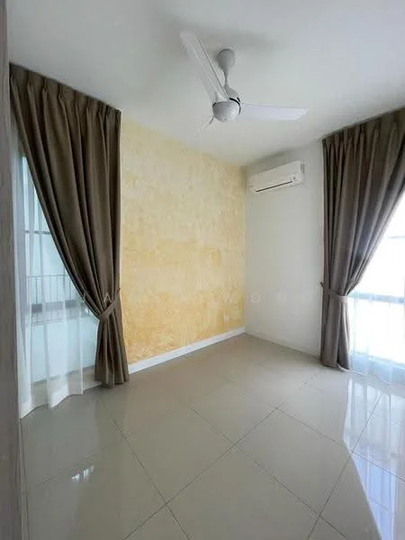 Room features: cream painted walls, accent wall in yellow, glossy tile flooring, 5-blade ceiling fan, floor-to-ceiling windows, sheer curtains, dark brown curtains, wall-mounted split AC; style: modern.