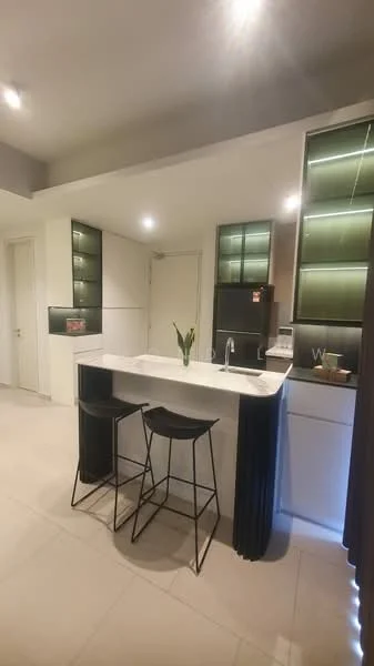 Kitchen features: white quartz countertop, single-bowl stainless-steel sink, chrome pull-down faucet, flat-panel white cabinets, open shelving with backlighting, black bar stools, tile flooring, recessed downlights, neutral wall colour, modern cabinetry design; style: modern.