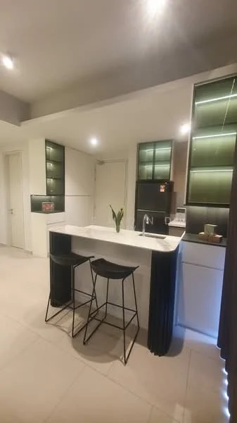 Kitchen features: white cabinetry, black bar stools, white countertop, built-in refrigerator, recessed lighting, grey tiled flooring, green accent lighting, open shelving, sink, modern faucet, wall-mounted cabinets, decorative plant; style: modern.