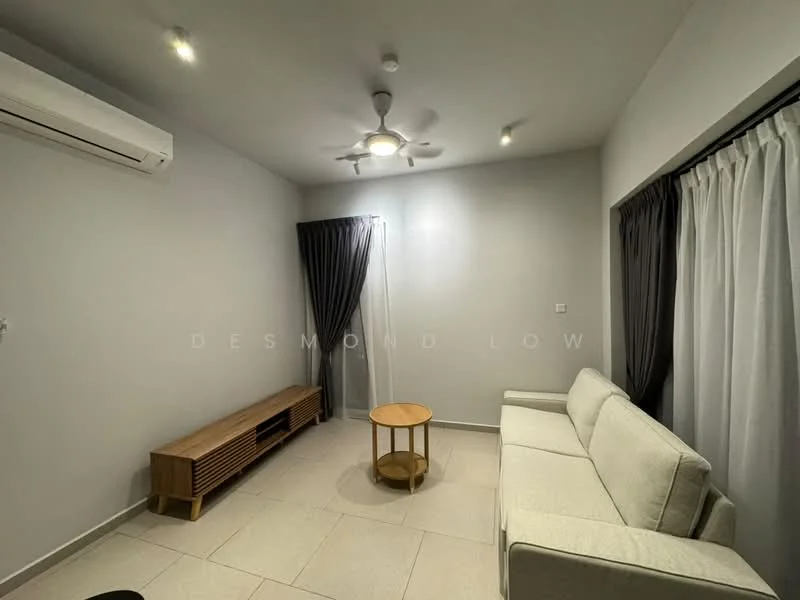 Living features: white painted walls, tile flooring, 5-blade ceiling fan with light, wall-mounted split AC, sofa in white fabric, wooden TV console, round wooden coffee table, floor-to-ceiling windows with sheer curtains, dark grey curtains; style: modern.