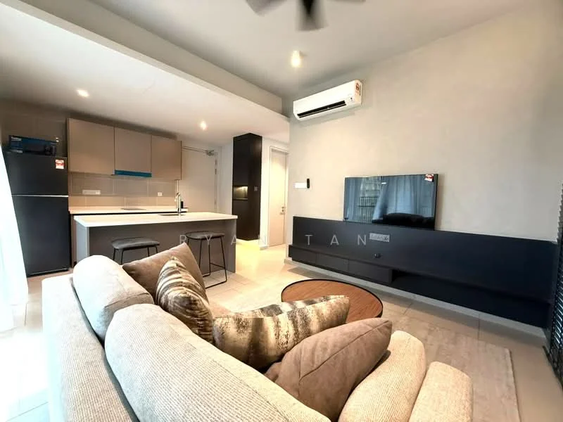 Living features: 3-seater fabric sofa in light grey, decorative cushions, round wooden coffee table, wall-mounted TV, TV console in dark finish, air conditioning unit, recessed lighting, light grey painted walls, tile flooring, open-plan layout with kitchen, floor-to-ceiling windows with sheer curtains; style: modern. Kitchen features: kitchen island with seating, stainless-steel fridge, built-in oven, ceramic cooktop, light wood cabinetry, white countertop, tile backsplash, recessed downlights; style: modern.