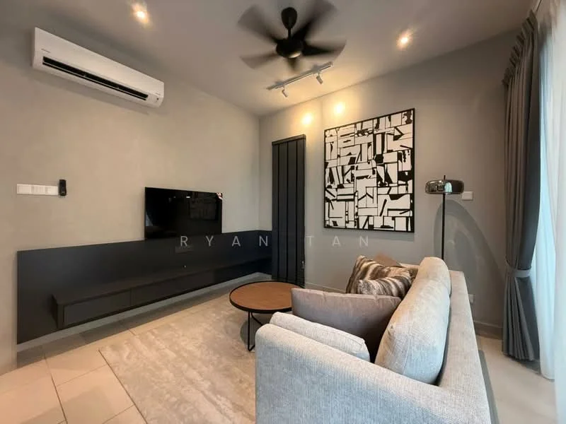 Living features: light grey painted walls, cream tiled flooring, 5-blade ceiling fan with light, wall-mounted TV, black TV console, round coffee table, sofa in light grey fabric, decorative wall art, curtains in light grey, air conditioning unit; style: modern.