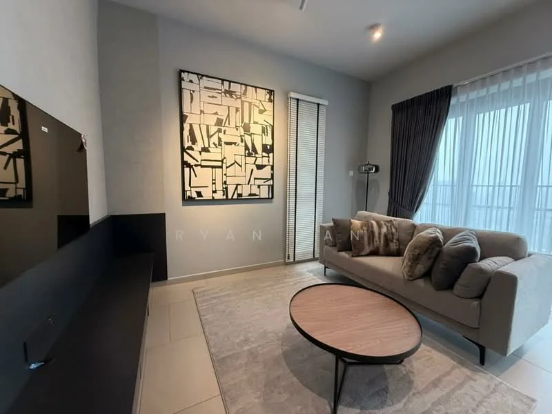 Living features: grey fabric sofa, round coffee table with wooden top, wall-mounted TV console, framed artwork on wall, floor-to-ceiling windows, sheer curtains, dark curtains, tile flooring, recessed downlights; style: modern.