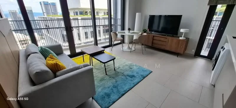 Living features: 3-seater fabric sofa in light grey, yellow and green accent cushions, coffee table with black legs, small side table, area rug with geometric pattern, TV console in wood finish, wall-mounted TV, floor-to-ceiling windows, city view, light-colored tiled flooring, recessed downlights, pendant lamp, decorative wall art; style: modern; view: city.