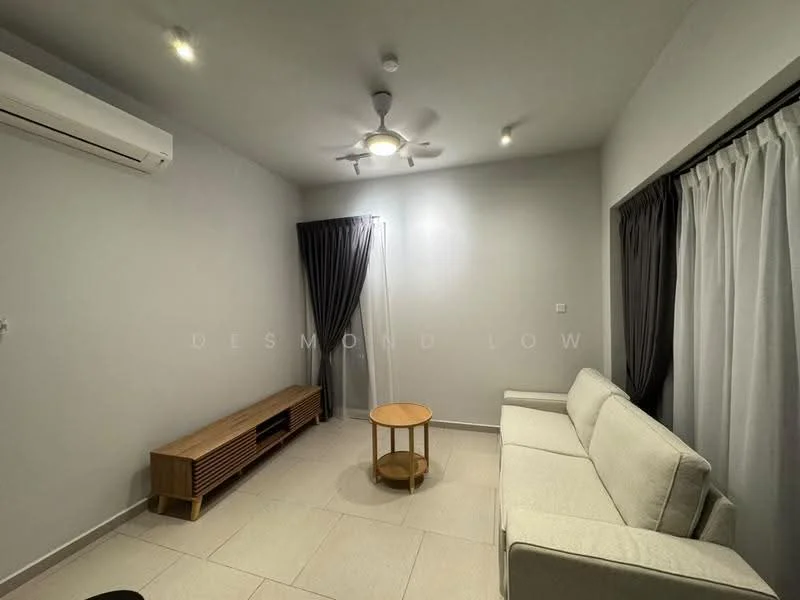 Living features: white painted walls, tile flooring, 5-blade ceiling fan with light, wall-mounted split AC, 3-seater fabric sofa in white, wooden coffee table, TV console with slatted design, floor-to-ceiling windows with sheer curtains, blackout curtains; style: modern.
