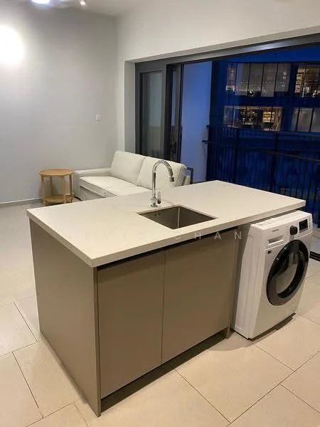 Kitchen features: single-bowl stainless-steel sink, chrome pull-down faucet, quartz countertop, kitchen island, built-in washing machine, light-colored cabinetry, tile flooring, floor-to-ceiling windows, sofa, balcony view; style: modern; view: city.