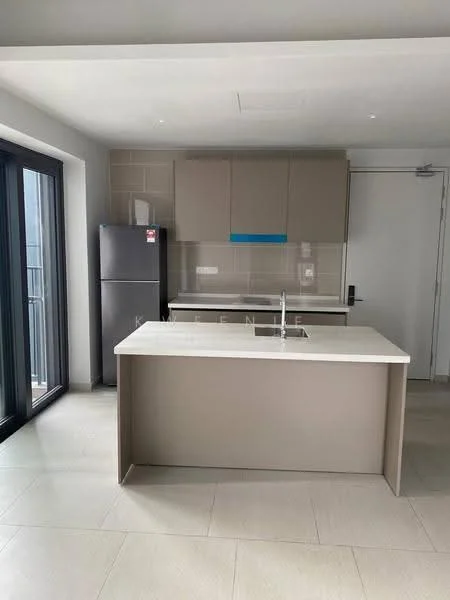 Kitchen features: grey cabinetry, white quartz countertop, single-bowl stainless-steel sink, chrome pull-down faucet, built-in refrigerator, ceramic tile flooring, recessed downlights, sliding glass door, floor-to-ceiling windows; style: modern.