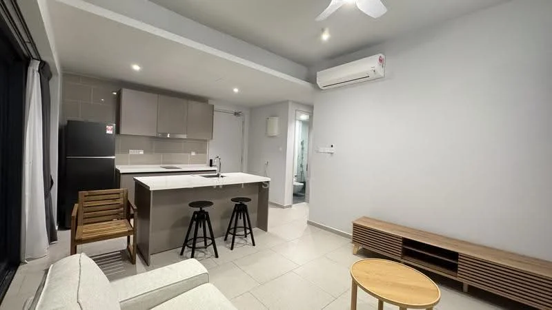 Living features: light grey painted walls, recessed downlights, 5-blade ceiling fan with light, white ceiling, tile flooring, sofa with light upholstery, wooden coffee table, wooden TV console, black bar stools, kitchen island with countertop, stainless-steel fridge, wall-mounted air conditioning unit; style: modern. Kitchen features: grey cabinetry, white countertop, single-bowl stainless-steel sink, chrome pull-down faucet, built-in oven, freestanding range oven; style: modern.