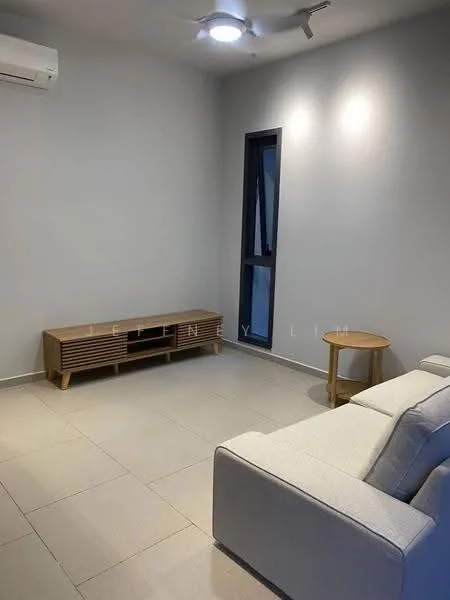 Living features: light grey painted walls, tile flooring, 5-blade ceiling fan with light, wall-mounted split AC, sofa in light fabric, wooden TV console, round side table, floor-to-ceiling windows; style: modern.