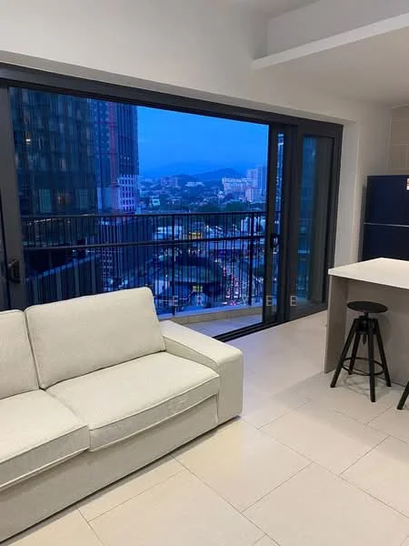 Living features: light-colored fabric sofa, floor-to-ceiling windows, city view, tile flooring, neutral wall color, open layout to kitchen, bar stools, kitchen island, recessed lighting; style: modern; view: city.