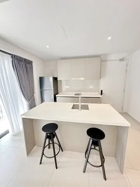 Kitchen features: white cabinetry, grey tiled backsplash, white countertop, single-bowl stainless-steel sink, chrome pull-down faucet, stainless-steel fridge, 2 black bar stools, floor-to-ceiling windows, grey curtains, tile flooring, recessed downlights; style: modern.