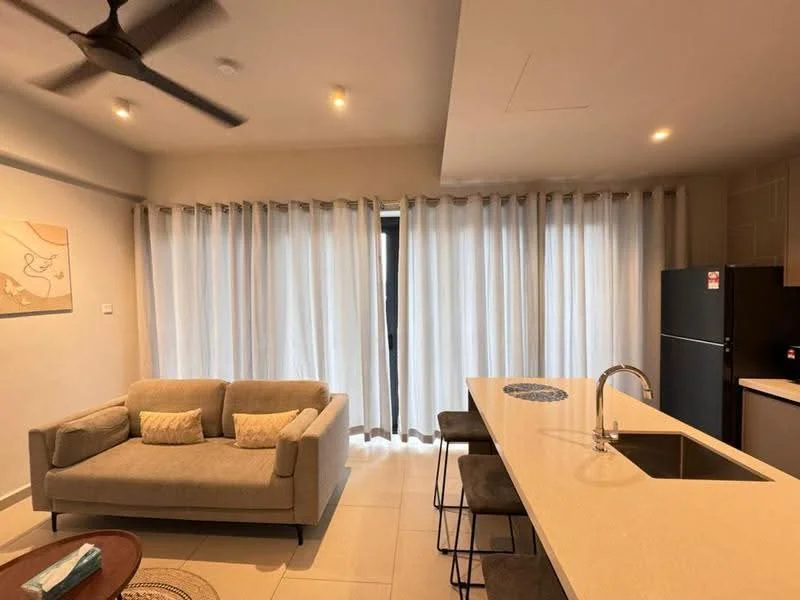 Living features: 3-seater fabric sofa in grey, coffee table, floor-to-ceiling windows with sheer curtains, ceiling fan, recessed downlights, open kitchen layout, kitchen island with seating, stainless-steel fridge, light-coloured walls, tile flooring; style: modern.