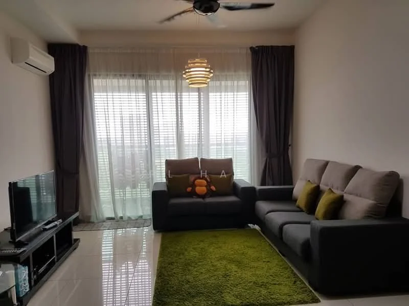 Living features: 3-seater fabric sofa in grey, 2-seater fabric sofa in grey, green area rug, TV console, wall-mounted TV, ceiling fan, pendant light, floor-to-ceiling windows with sheer curtains, sliding glass door, curtains in dark grey, white painted walls, glossy tile flooring; style: modern.