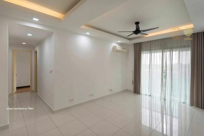 Living features: white painted walls, polished ceramic tile flooring, tray ceiling with recessed lighting, 5-blade ceiling fan with light, floor-to-ceiling windows, sheer curtains, air conditioning unit, sliding glass door leading to balcony; style: modern.