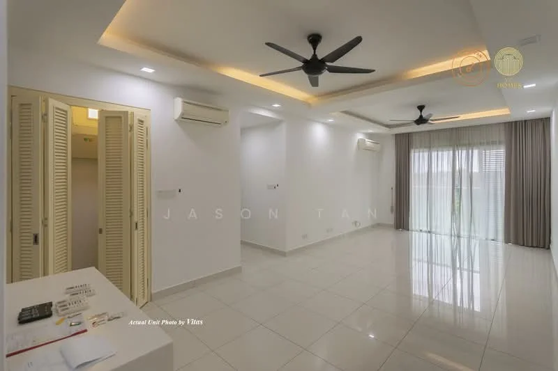 Living features: white painted walls, polished ceramic tile flooring, tray ceiling with recessed lighting, 2 wall-mounted split AC units, 5-blade ceiling fan with light, floor-to-ceiling sliding glass door, sheer curtains, built-in cabinets with louvered doors, LED strip lighting; style: modern.