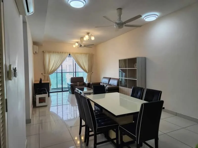 Living features: white painted walls, glossy tile flooring, 5-blade ceiling fan with light, 2 ceiling lights, large window with sheer curtains, brown leather sofa, 2-seater fabric sofa, glass dining table with black chairs, display cabinet, air conditioning unit; style: modern.