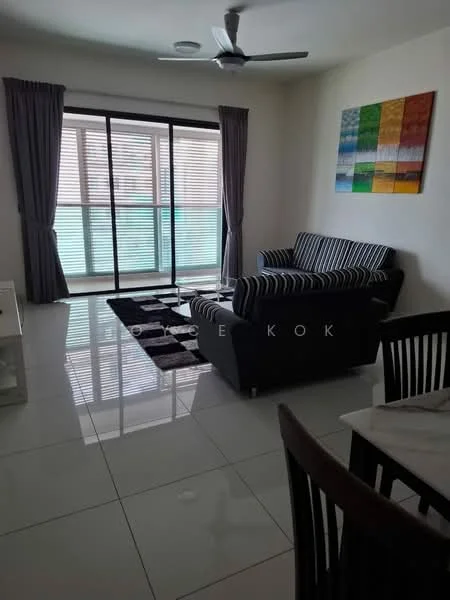 Living features: 3-seater fabric sofa in black and white stripes, coffee table, area rug with geometric pattern, floor-to-ceiling sliding glass door, curtains in grey, white painted walls, glossy white tile flooring, ceiling fan with light, decorative wall art with colorful squares; style: modern.