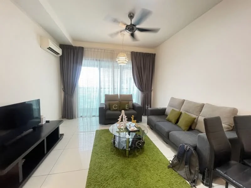 Living features: 5-blade ceiling fan with light, wall-mounted TV, black TV console, grey fabric sofa, 2-seater grey sofa, green area rug, glass coffee table, curtains, white walls, white ceiling, tile flooring, large windows; style: modern.