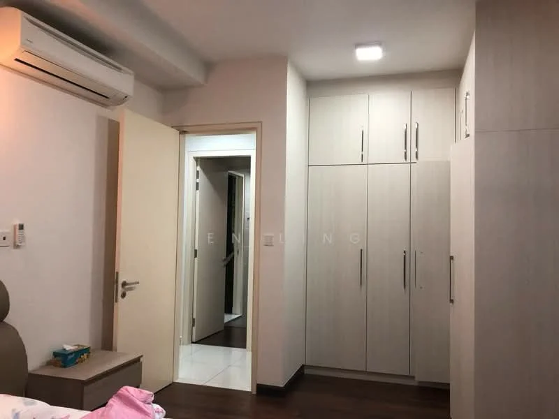Room features: wall-mounted split AC, light-colored cabinetry, built-in wardrobe, white walls, tile flooring, doorway leading to another room, recessed ceiling light; style: modern.
