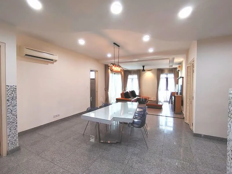 Dining features: glass dining table with chrome legs, 6 transparent acrylic dining chairs, grey polished floor tiles, white painted walls, recessed downlights, 1 wall-mounted split AC, open layout to living area, large windows with sheer curtains; style: modern. Living features: L-shape sectional sofa in brown, coffee table, TV console, wall-mounted TV, ceiling fan with light, large windows with sheer curtains, decorative wall paneling; style: modern.