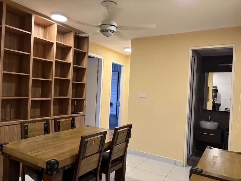 Dining features: wooden dining table, 4 wooden dining chairs, ceiling fan with light, built-in wooden shelving unit, cream painted walls, white tiled flooring, doorway leading to hallway, doorway leading to bathroom; style: modern. Bathroom features: one-piece toilet, sink with faucet, dark cabinetry, mirror, cream painted walls, white tiled flooring; style: modern.