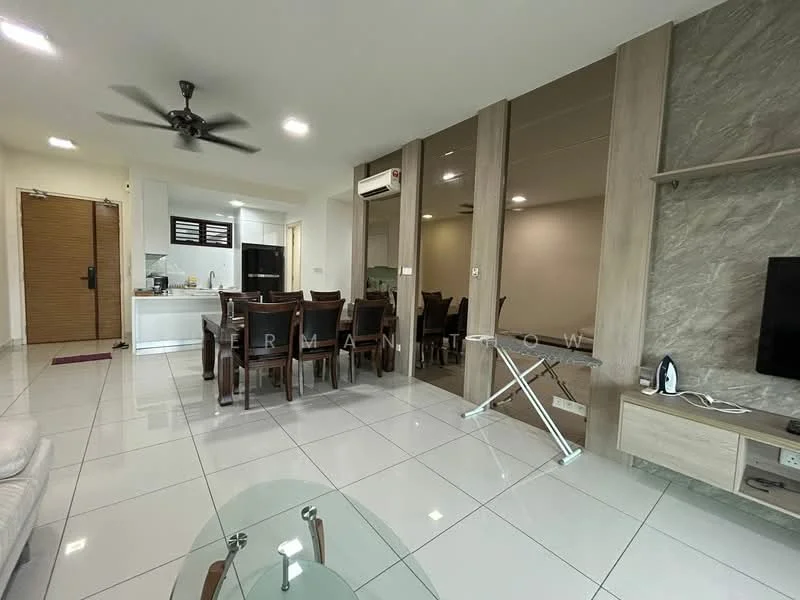 Living features: 3-seater fabric sofa in white, glass coffee table, wall-mounted TV, TV console, ceiling fan with light, recessed downlights, white tiled flooring, decorative wall paneling, open layout to dining area; style: modern. Dining features: 6-seater dining table in dark wood, upholstered dining chairs, wall-mounted air conditioning unit, white painted walls, open layout to kitchen, tile flooring; style: modern. Kitchen features: kitchen cabinets in light wood, stainless-steel sink, built-in oven, stove with hood, white tiled backsplash, refrigerator, countertop space, open layout to dining area; style: modern.