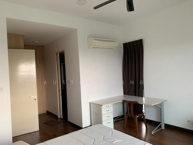 Bedroom features: wooden flooring, white painted walls, ceiling fan, wall-mounted split AC, brown curtain, study desk with chair, built-in wardrobe, door leading to hallway; style: modern.